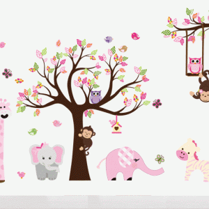 muursticker boom met diertjes roze