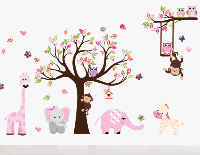 Leger deelnemen Mannelijkheid Muursticker boom met diertjes roze